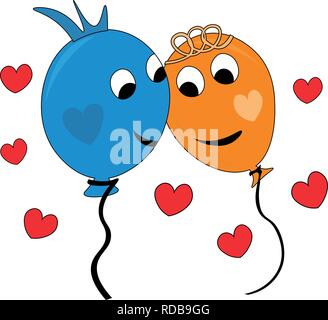 Happy couple of colorful balloons in love, blue and orange balloon, hearts around, celebrating Valentines day Stock Vector