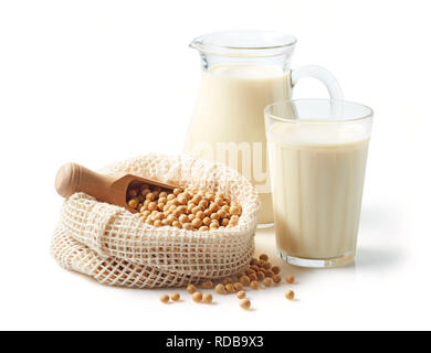Soy beans and soy milk isolated on white background Stock Photo