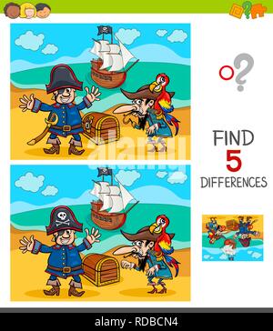 Cartoon Illustration of Finding Five Differences Between Pictures Educational Game for Children with Pirate Characters Stock Vector