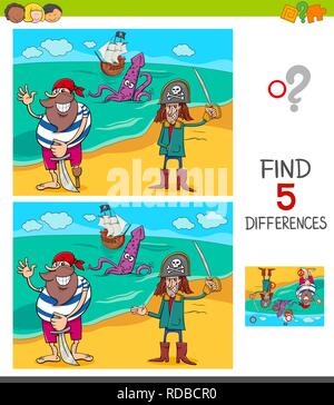 Cartoon Illustration of Finding Five Differences Between Pictures Educational Game for Children with Funny Pirates Stock Vector