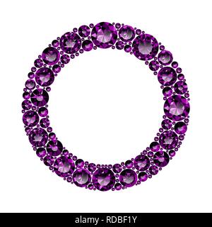 Round frame made of realistic purple amethysts with complex cuts Stock Vector