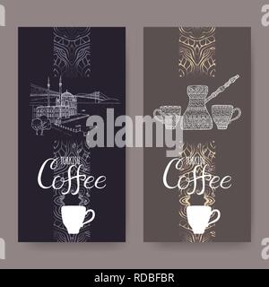 Set of two Turkish coffee labels with Istanbul landscape and ethnic coffee pot and cups. Stock Vector