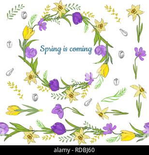 Colorful wreath from various spring flowers. Endless horizontal brush. Seamless horizontal border. Vector hand drawing illustration. Stock Vector