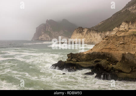 The rugged coastline of Mughsayl, near Salalah, Dhofar Province, Oman, during Khareef monsoon season Stock Photo