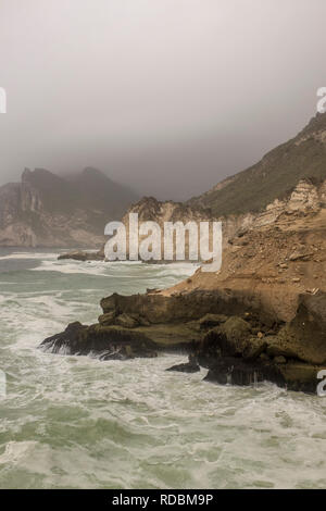 The rugged coastline of Mughsayl, near Salalah, Dhofar Province, Oman, during Khareef monsoon season Stock Photo