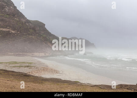 The rugged coastline of Mughsayl, near Salalah, Dhofar Province, Oman, during Khareef monsoon season Stock Photo