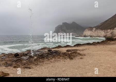 The rugged coastline of Mughsayl, near Salalah, Dhofar Province, Oman, during Khareef monsoon season Stock Photo