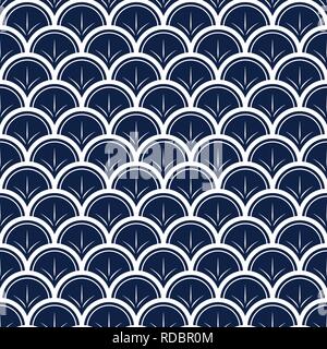 Vector Japanese waves with lines on blue background repeat seamless pattern. Stock Vector