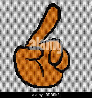 Animation hand shows the index finger up on the grey background, knitting vector pattern as a fabric texture Stock Vector