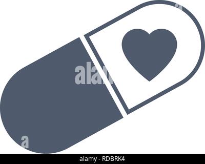 Medical heart pill icon. Love pill concept. Pharmacy medicine drug symbol. Vector illustration isolated on white Stock Vector