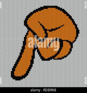 Animation hand shows the index finger down on the grey background, knitting vector pattern as a fabric texture Stock Vector