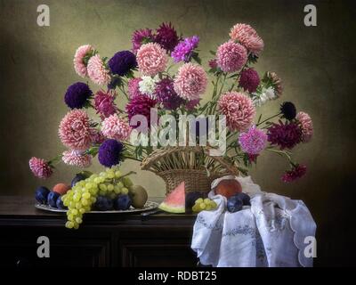 Still life with bouquet of aster flowers Stock Photo