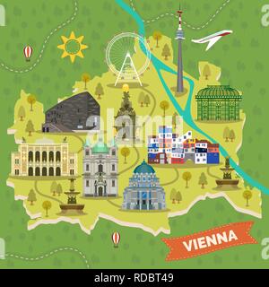 Travel map of Vienna, Austria with landmarks Stock Vector