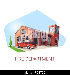 Fire station or department building with truck Stock Vector