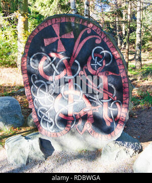 Rune stone from Uppland inscribed in memory of a dead Viking, Skansen open-air museum, Djurgarden, Stockholm, Sweden, Scandinavia Stock Photo