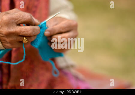 Close up of Indian woman knitting a blue sweater on a park bench in Delhi, India Stock Photo