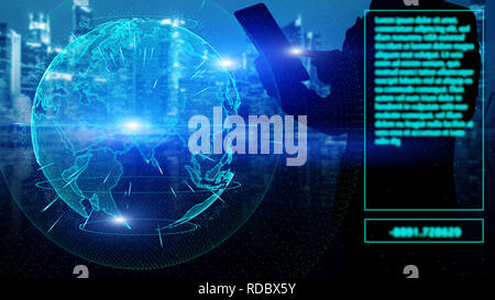 Businessman holding tablet with global connection. Stock Photo
