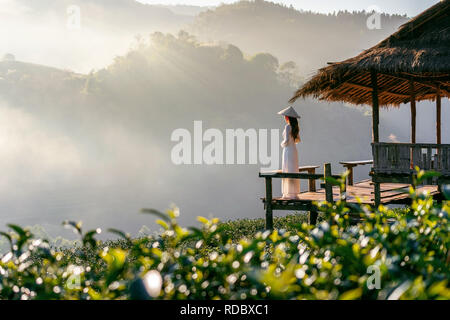 Asian woman wearing Vietnam culture traditional in green tea field on Doi Ang Khang , Chiang Mai, Thailand. Stock Photo