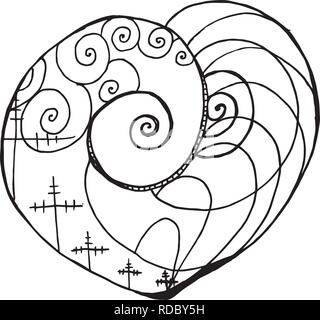 Pattern with tension pillars, spirals, waves inscribed in the heart. Technique and progress. Stock Vector