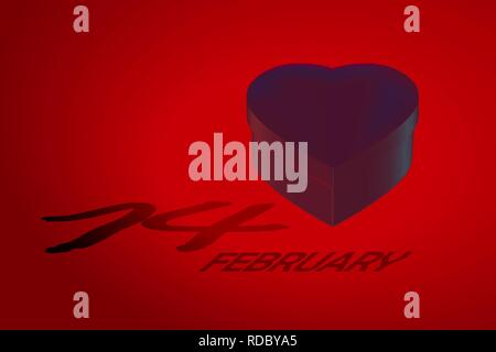 Black gift box in the form of heart, the inscription on February 14 shadow on a dark red background. Vector illustration. Stock Vector