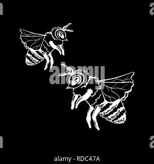 Black Vector Outline Sketch Of Two Honey Bees or Wasps. White Chalk Contour on the Black Chalkboard Background. Stock Vector