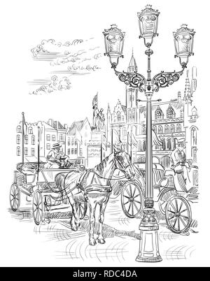 View on Grote Markt square in medieval city Bruges, Belgium. Landmark of Belgium. Horses, carriages and lanterns on market square in Bruges. Vector ha Stock Vector