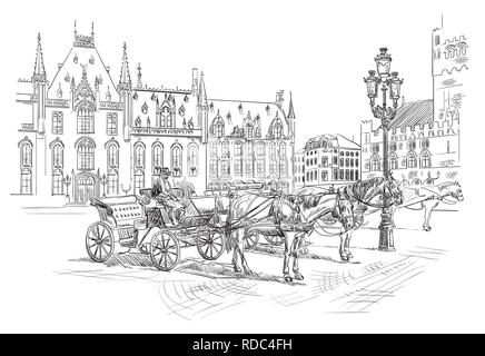 View on Grote Markt square in medieval city Bruges, Belgium. Landmark of Belgium. Horses, carriages and lanterns on market square in Bruges. Vector ha Stock Vector