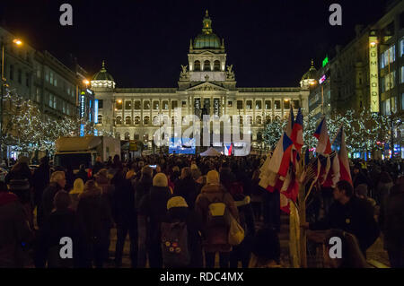 People attend a commemorative meeting for Jan Palach at Wenceslas Square in Prague, Czech Republic, on January 16, 2019. Palach, a student of the Char Stock Photo