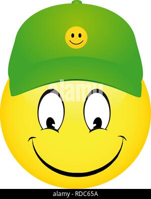 Vector illustration of Cartoon emoticon smiley wearing a green cap and pointing Stock Vector