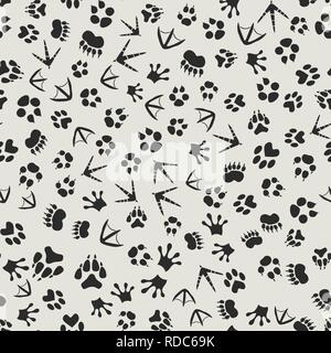 Animal tracks black and white background with seamless footprints of birds and mammals pattern. Wildlife backdrop or tracking and hunting theme design Stock Vector