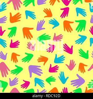 Colorful vector pattern with illustration of a people s hands with different skin color together. Stock Vector