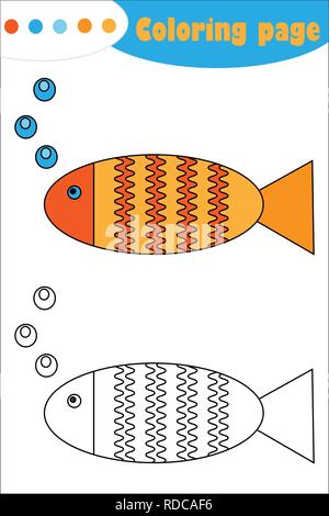 Fish in cartoon style, coloring page, education paper game for the development of children, kids preschool activity, printable worksheet, vector Stock Vector