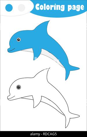 Dolphin in cartoon style, coloring page, education paper game for the development of children, kids preschool activity, printable worksheet, vector Stock Vector