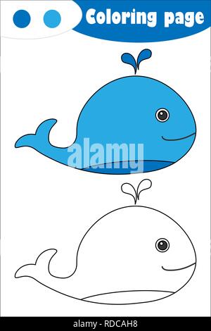 Whale in cartoon style, coloring page, education paper game for the development of children, kids preschool activity, printable worksheet, vector Stock Vector