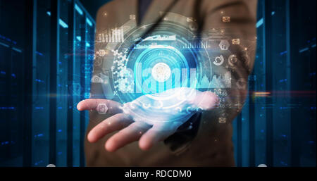 Man holding hologram projection displaying biometric security concept  Stock Photo