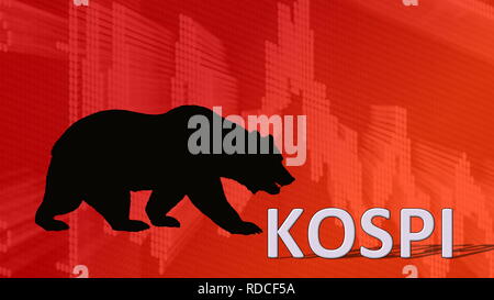 The Korea Composite Stock Price Index or KOSPI is falling. Behind the word KOSPI is a black bear silhouette looking down on a red descending chart in... Stock Photo