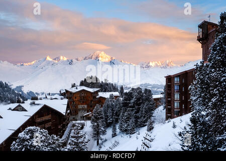 Looking out over Arc 2000 to Mont Blanc as the sun rises. Stock Photo