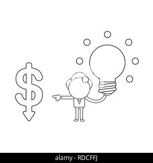 Vector illustration businessman character holding glowing light bulb and pointing dollar moving down. Black outline. Stock Vector