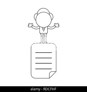Vector illustration businessman character standing on written paper icon. Black outline. Stock Vector