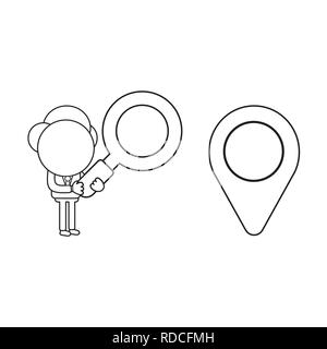 Vector illustration businessman character holding magnifying glass and looking map pointer icon. Black outline. Stock Vector