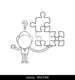 Vector illustration businessman character holding connected puzzle pieces and confused for missing puzzle piece. Black outline. Stock Vector