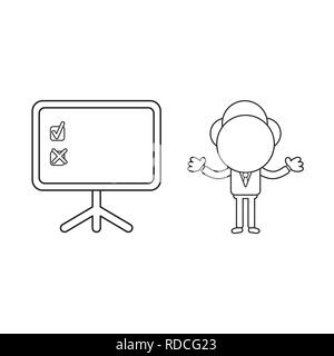 Vector illustration businessman character and presentation chart with check and x marks. Black outline. Stock Vector