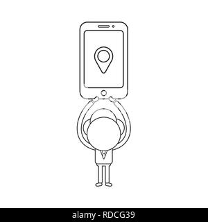 Vector illustration businessman character holding up smartphone with map pointer icon. Black outline. Stock Vector