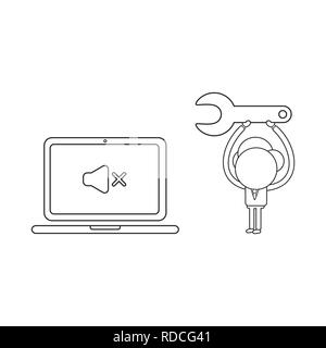 Vector illustration businessman character with laptop computer and sound off symbol and holding up spanner to repair. Black outline. Stock Vector
