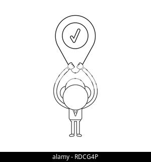 Vector illustration businessman character holding up map pointer with check mark. Black outline. Stock Vector