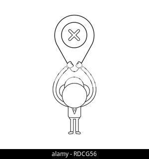 Vector illustration businessman character holding up map pointer with x mark. Black outline. Stock Vector