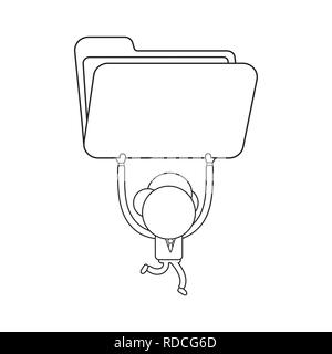 Vector illustration businessman character running and carrying open file folder icon. Black outline. Stock Vector