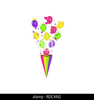 Color composition of vector realistic balloons and Colorful confetti burstisolated on white background. Balloons isolated. For Birthday greeting cards or other designs Stock Vector