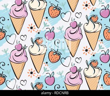 Ice cream with strawberry, cherry. Pink creame red, blue, black outline hand made drawing for kids, adult, caffee, snack bar Stock Vector