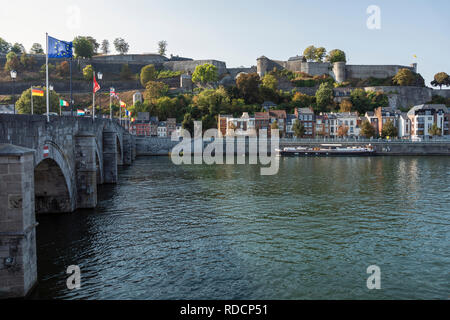 View across the River Meuse from at Pont de Jambes to the Citadel, Namur, Belgium Stock Photo